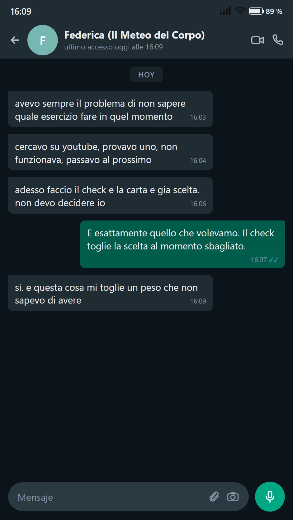 Federica non deve piu scegliere l'esercizio: il check lo fa per lei