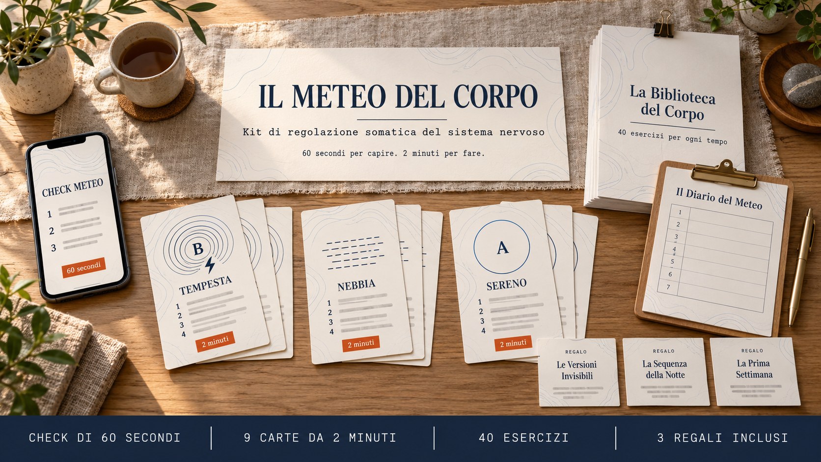 Tutto il kit sul tavolo: il telefono con il Check Meteo, le 9 carte Tempesta, Nebbia e Sereno, la Biblioteca del Corpo, il Diario e i 3 regali